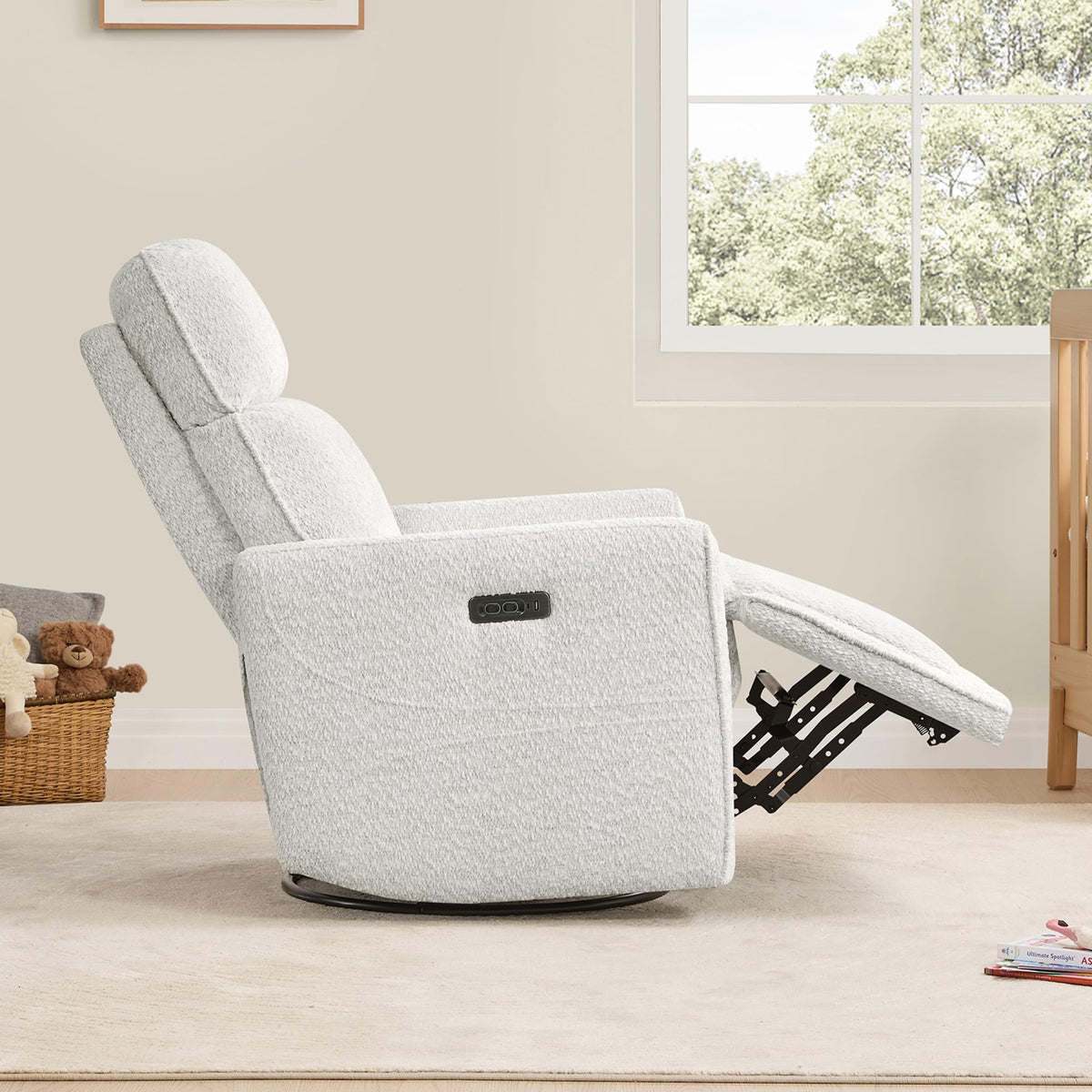 White Boucle Power Swivel Glider Recliner Chair W817