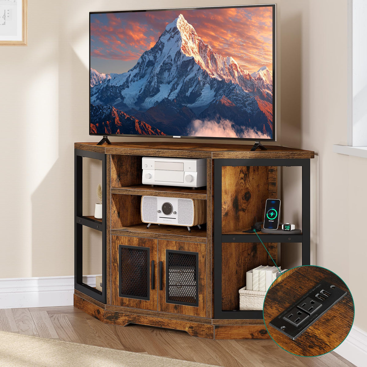 Corner Farmhouse TV Stand with Storage Cabinets R7590