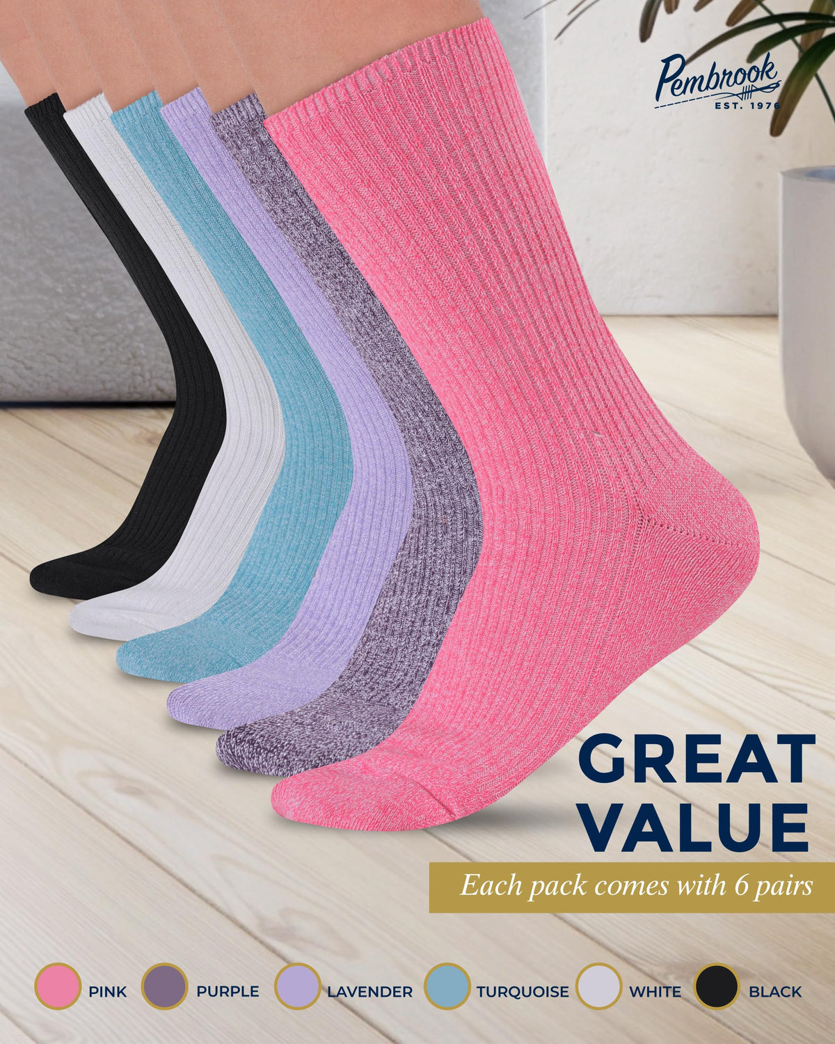 Ribbed Knit Bamboo Viscose Diabetic Socks for Women 6 Pairs Z250329