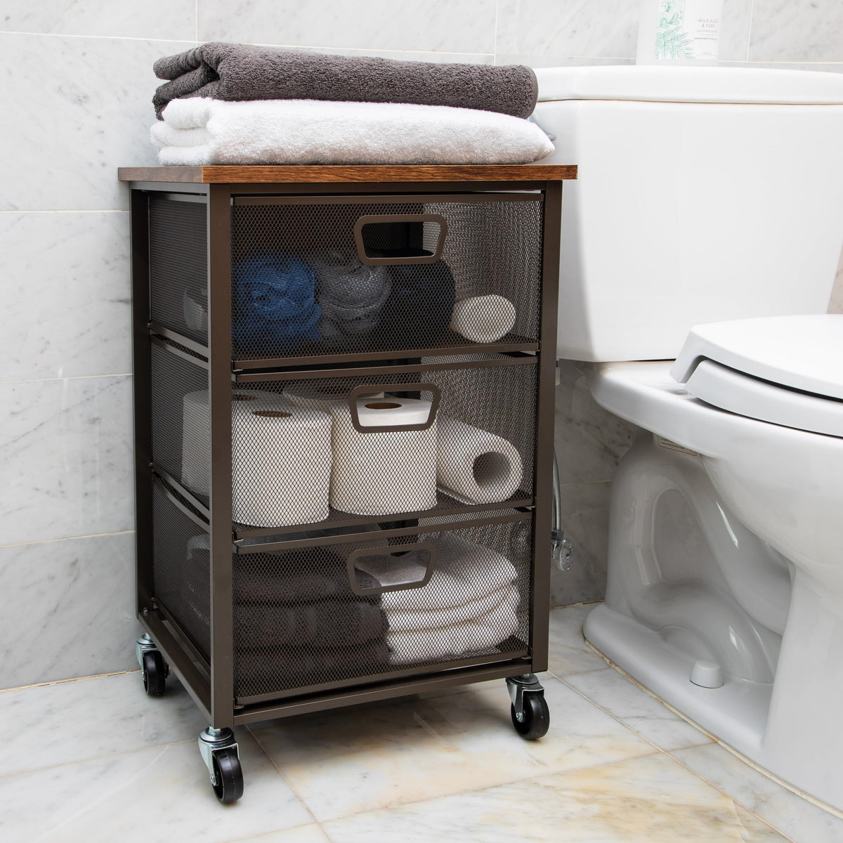 3 Drawer Rolling Storage Organizer with Wood Top F402