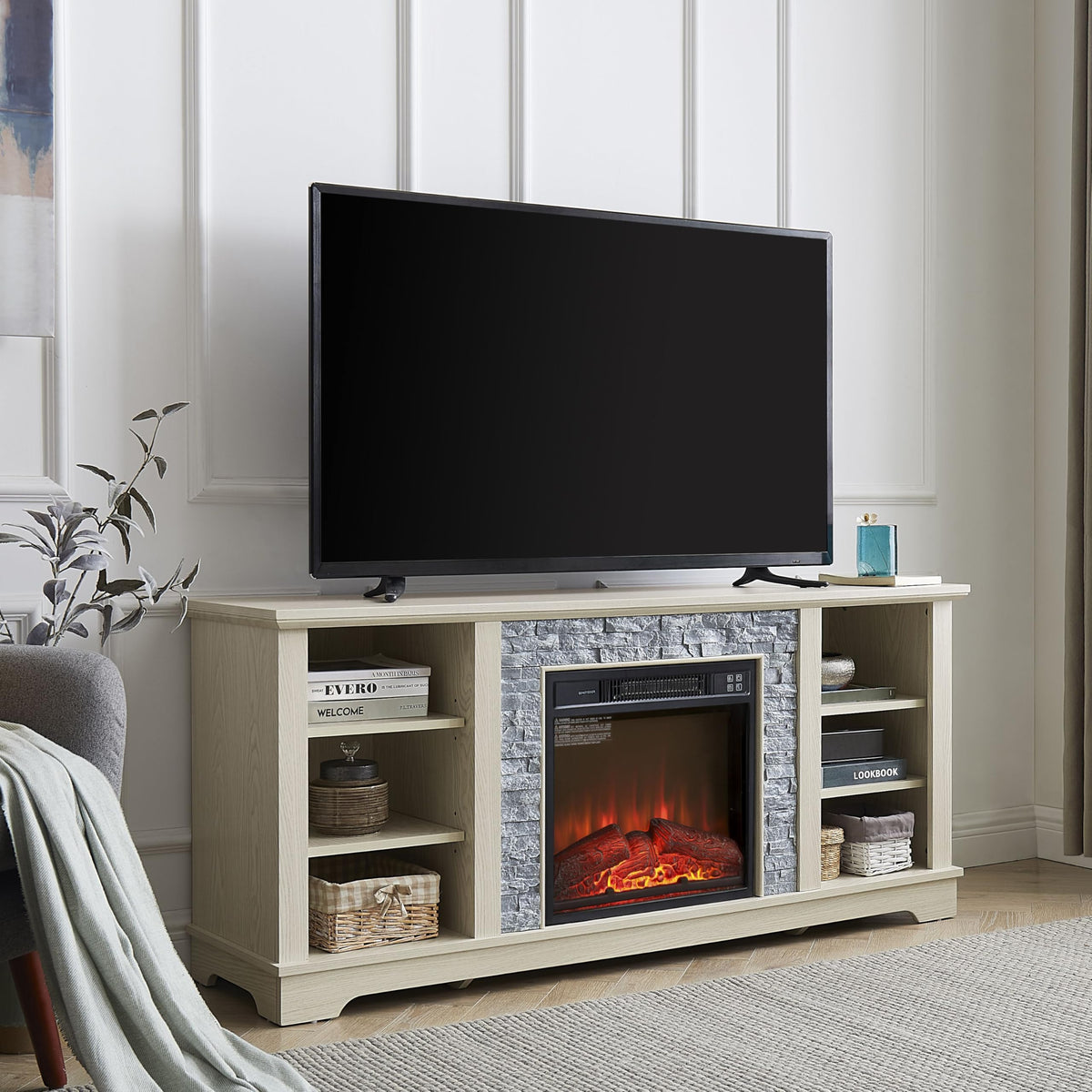 White TV Stand with Electric Fireplace and Open Shelves R508