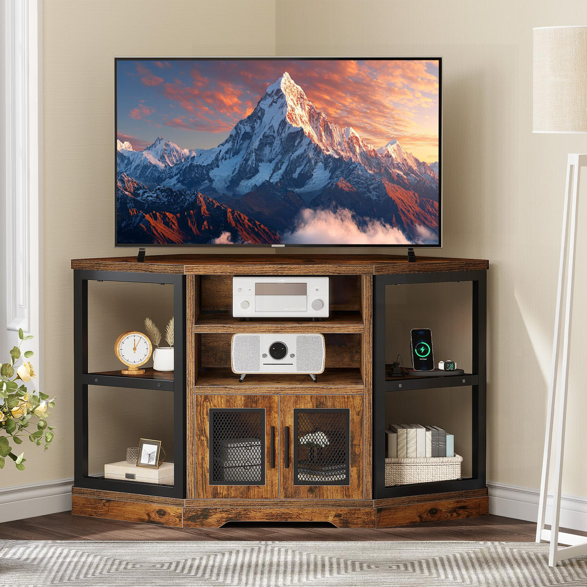 Corner Farmhouse TV Stand with Storage Cabinets R7590
