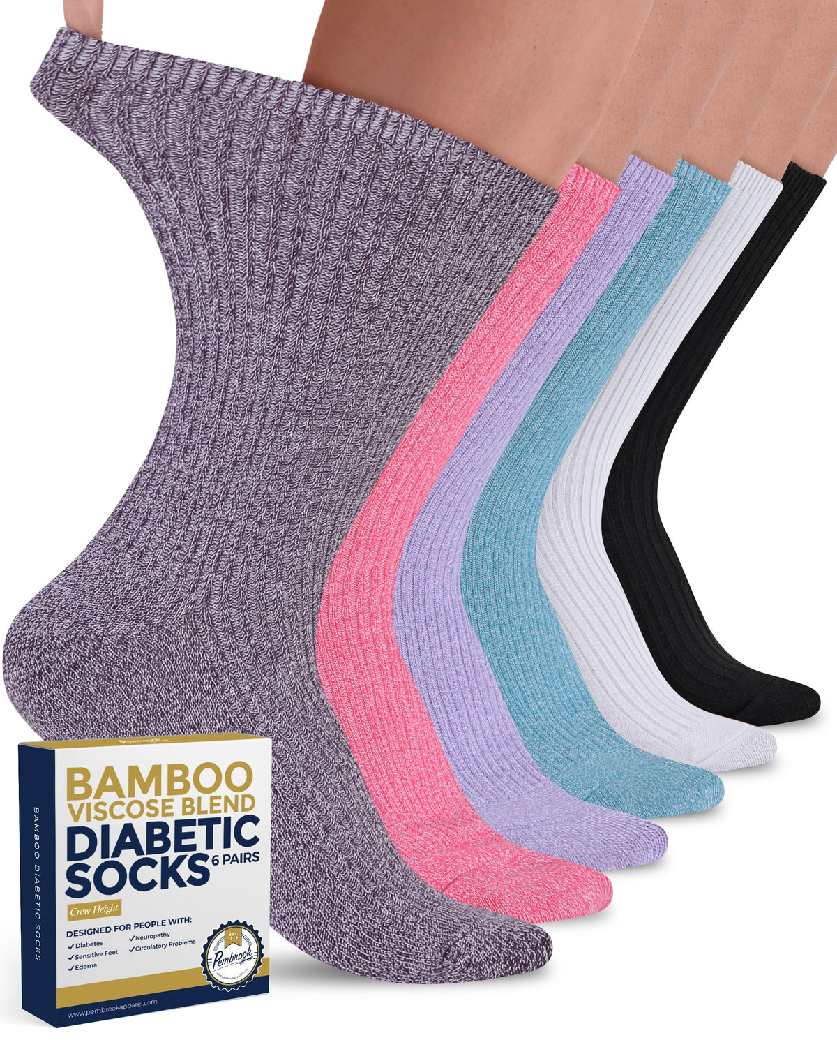 Ribbed Knit Bamboo Viscose Diabetic Socks for Women 6 Pairs Z250329