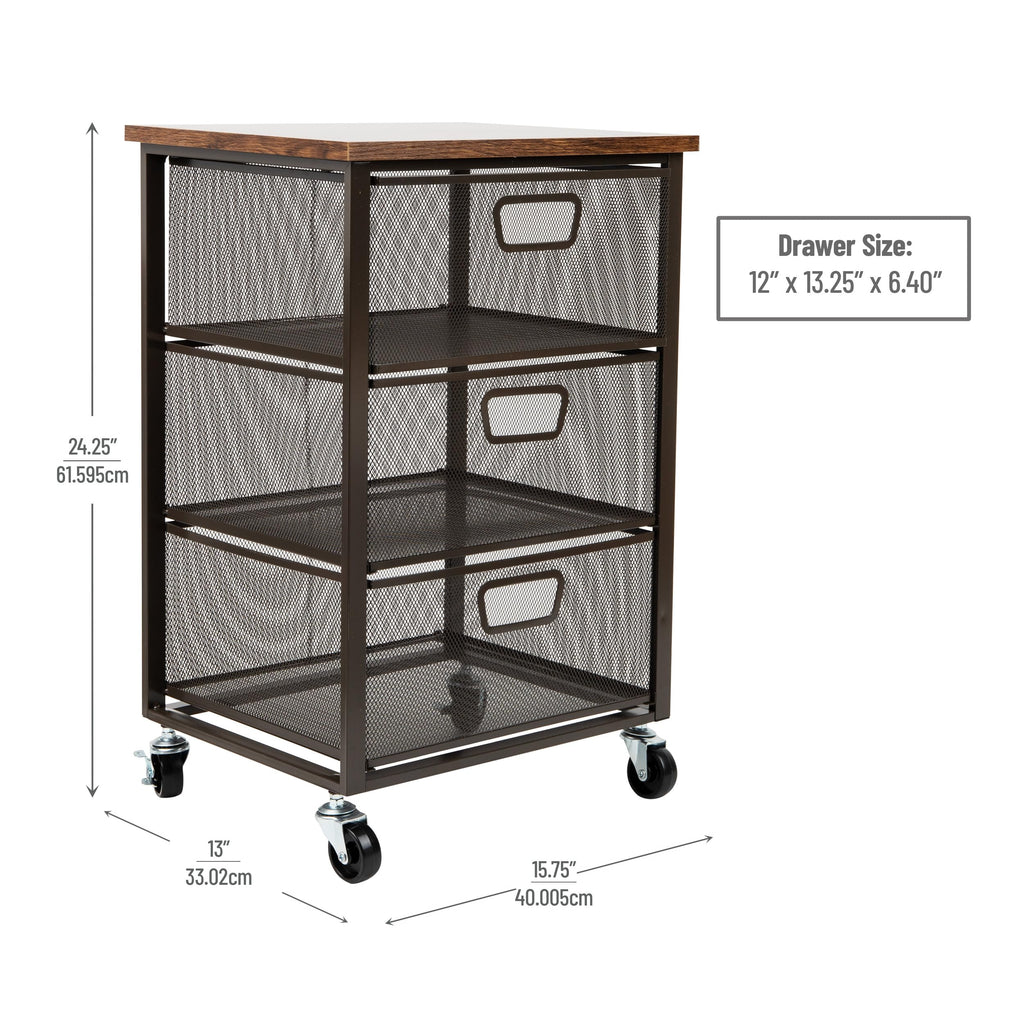 3 Drawer Rolling Storage Organizer with Wood Top F402