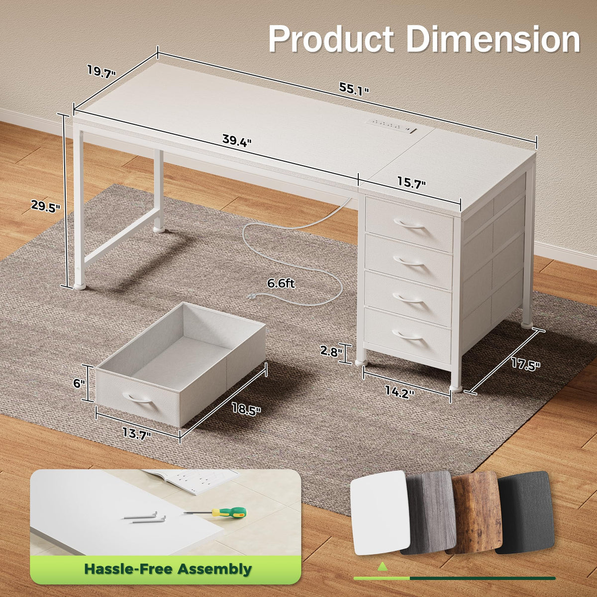 55.1 Inch White Desk with Power Outlets and USB-C Port J696683