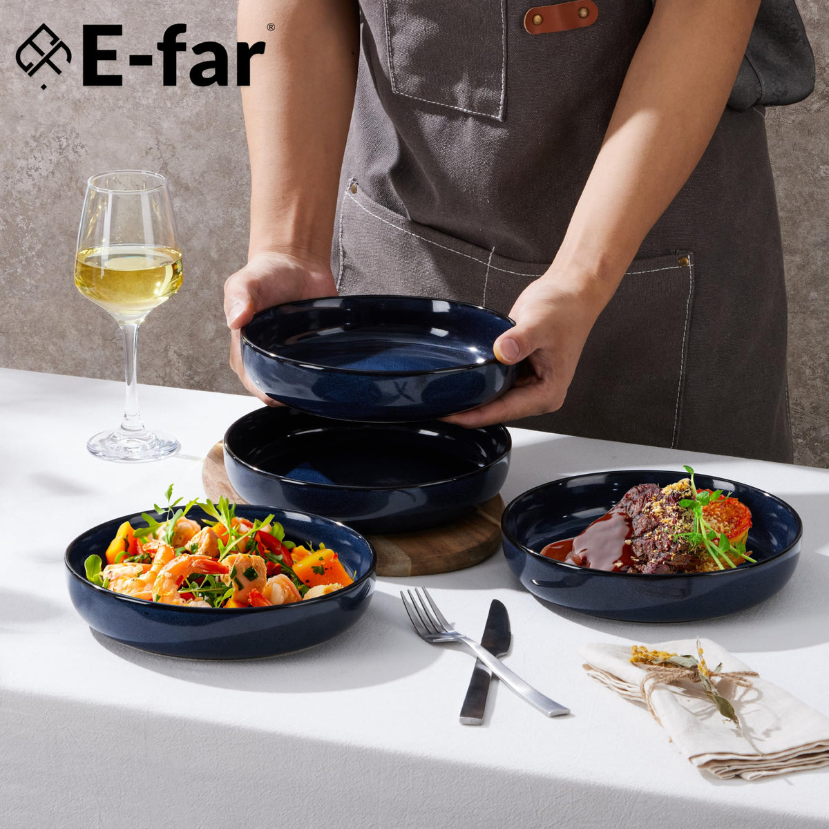 Blue Stoneware Pasta Bowls Set of 4 M375