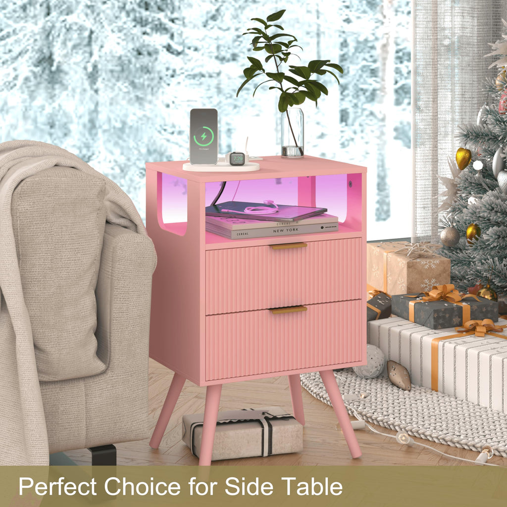 Pink Nightstand with Charging Station and LED Lights R36599