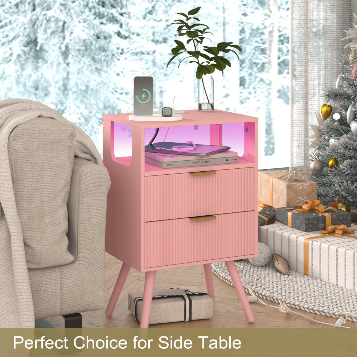 Pink Nightstand with Charging Station and LED Lights R36599
