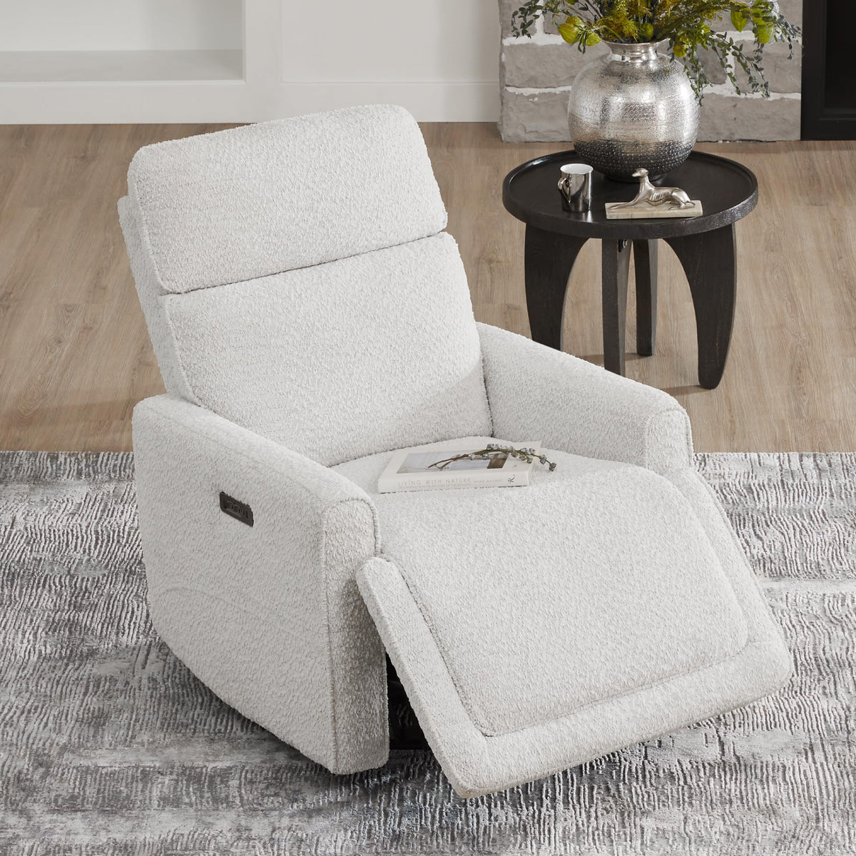 White Boucle Power Swivel Glider Recliner Chair W817